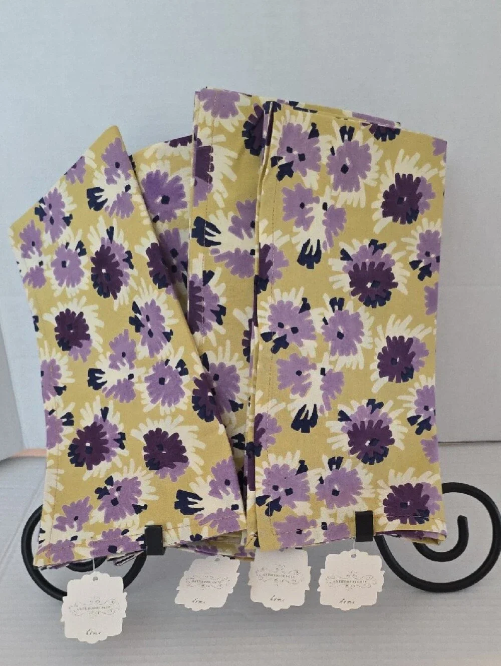 Anthropologie NWT Yellow Purple Floral Cotton Table Napkins Set of 4